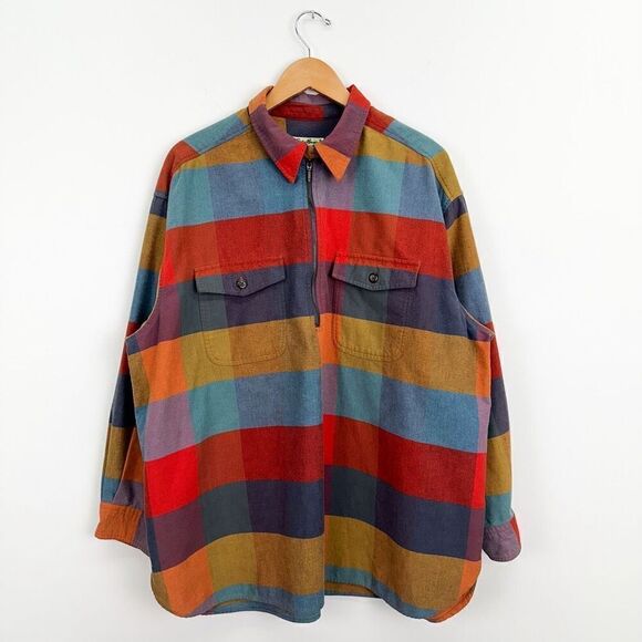 Eddie Bauer 90’s Women’s Bright Multicolored Checkered 1/4 Zip Long Sleeve - Picture 1 of 15